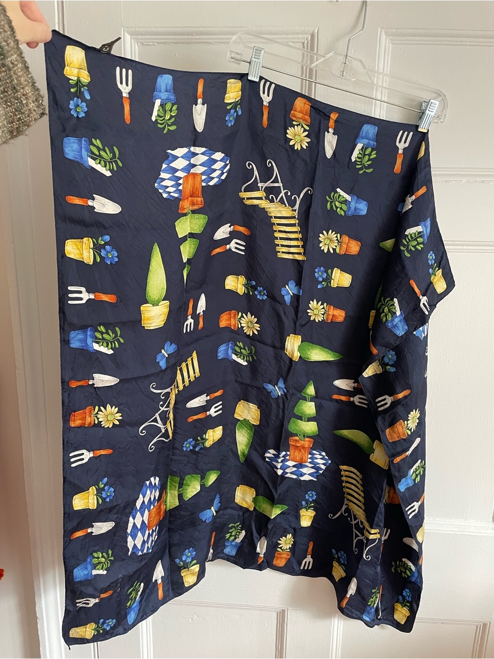 Echo | Vintage 100% Silk Navy Scarf with Garden Tool & Pot Print
